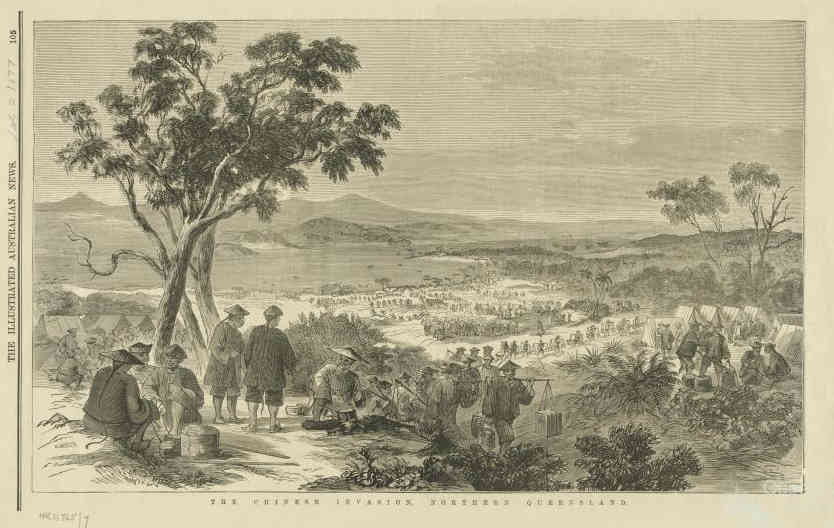 sketch depicting Chinese immigrants walking to the Palmer River from Cooktown in 1877