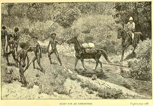 Lumholtz on horseback with rifle with Australian aboriginals of north Queensland embarking on an expedition to the tablelands to find tree kangaroos