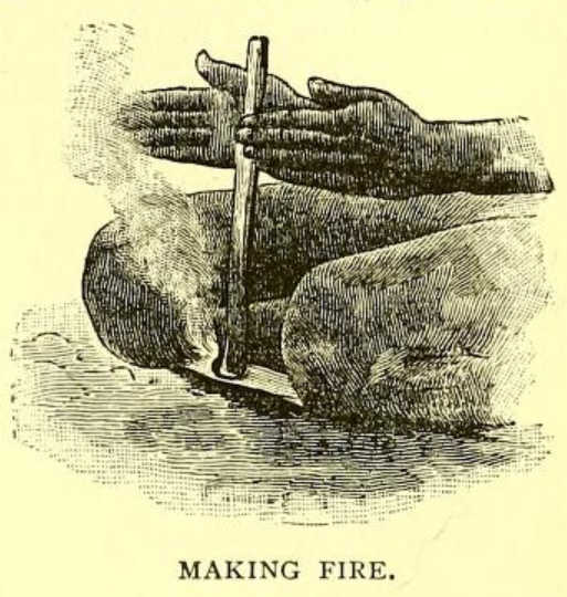 Making fire by rubbing a stick between the palms