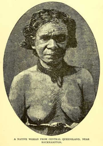 Sketch of an Australian aboriginal woman near Rockhampton, Queensland. Original illustration from Lumholtz, 1889