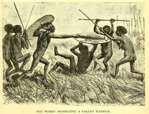 Old women protecting a fallen warrior, original illustration from Lumholtz, 1889