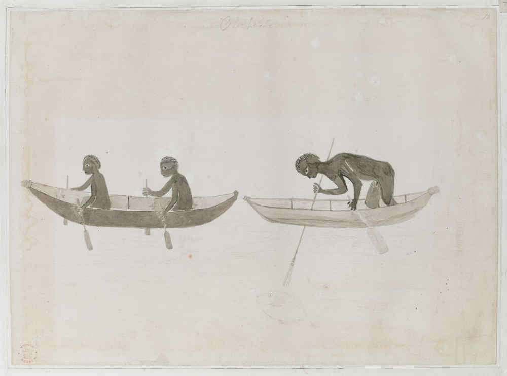 Australian aborigines in bark canoes on the Endeavour River sketch