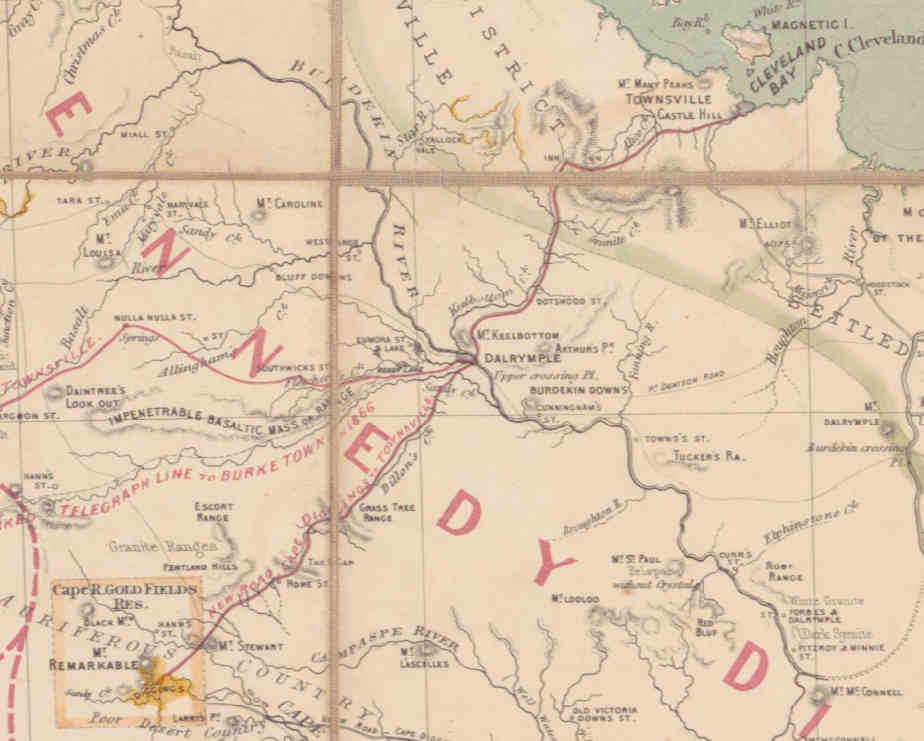 map showing location of Cape River gold field and road from Townsville