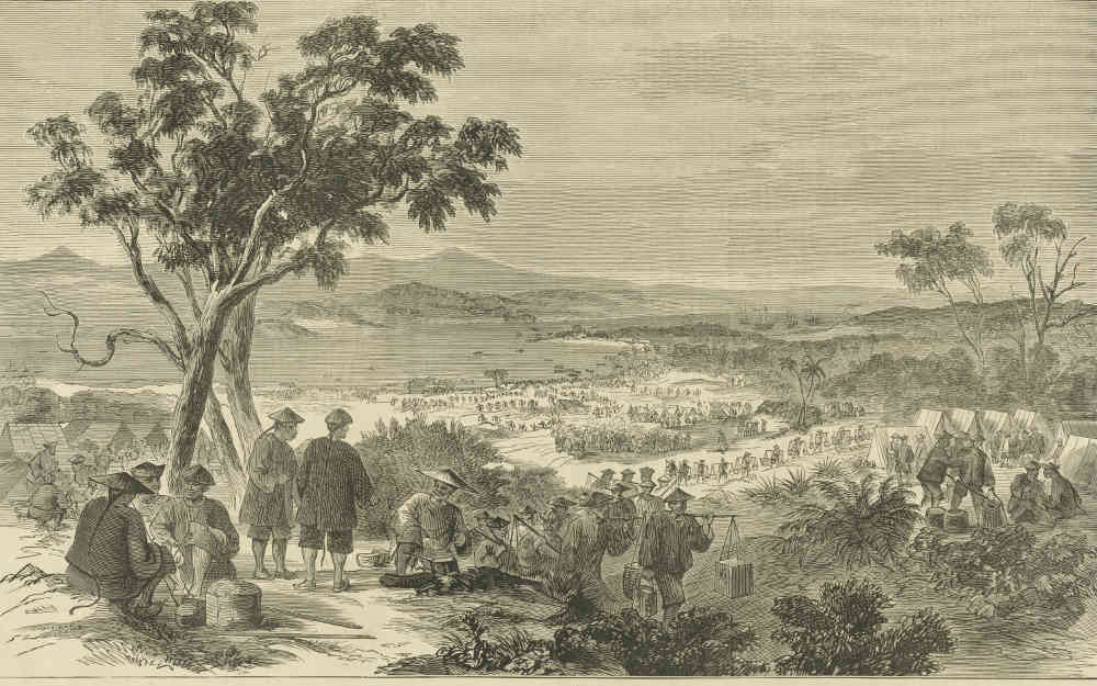 A sketch showing Chinese arriving at Cooktown and heading west to the Palmer River