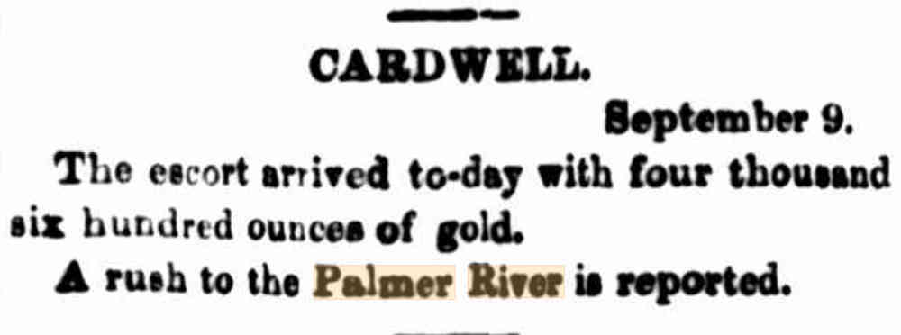 telegraphic report from Cardwell noting rush to the Palmer River